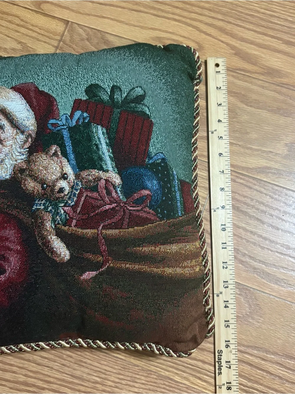 Christmas Tapestry Square Throw Pillow 16X16 Santa Claus w/gifts Bear Rope Trim